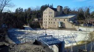 Grand River, April 9th at 4pm in Elora at the Old Mill with a discharge rate rate of 100m3/s.