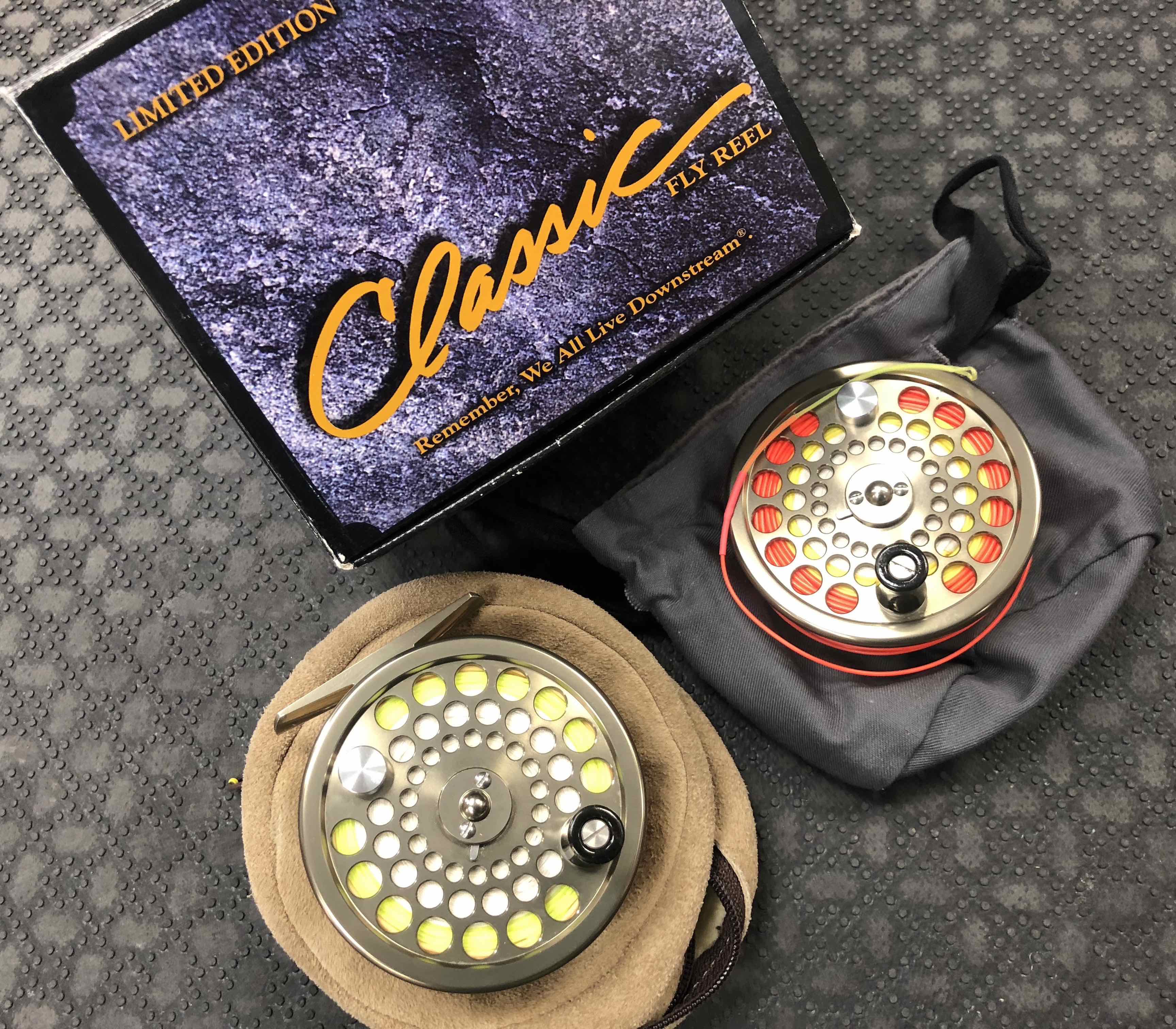 SOLD! – REDUCED! – White River Classic Limited Edition Bronze Fly Reel –  Size 7/8 c/w Cortland WF6F Fly Line in Lambs Wool Pouch & Spare Spool with  WF6F Red Fly Line –