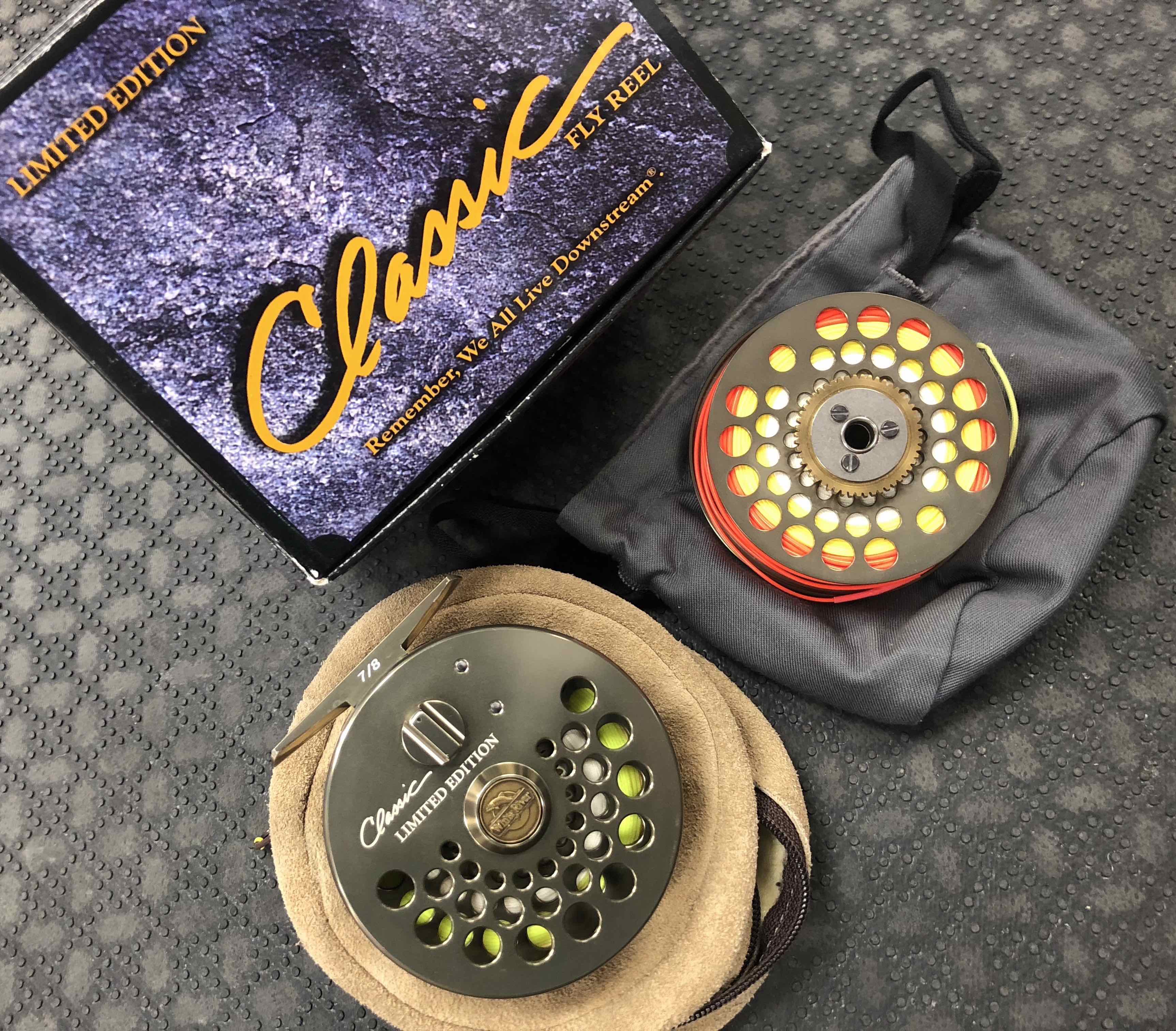 SOLD! – REDUCED! – White River Classic Limited Edition Bronze Fly Reel –  Size 7/8 c/w Cortland WF6F Fly Line in Lambs Wool Pouch & Spare Spool with  WF6F Red Fly Line –