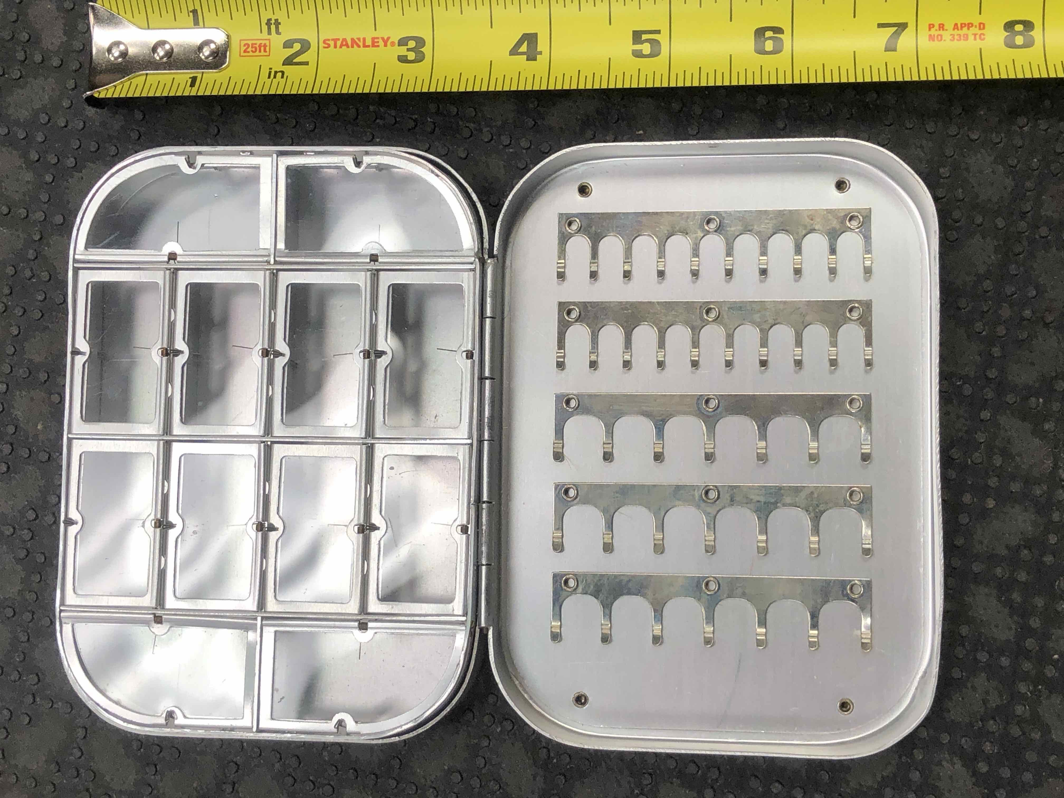SOLD! – Richard Wheatley Silmalloy Metal Fly Box – 12 Compartment Plus 5  Rows of Number 7 Small Clips – 5″ x 3 1/2″ x 1” – GREAT SHAPE! – $80 – The  First Cast – Hook, Line and Sinker's Fly Fishing Shop